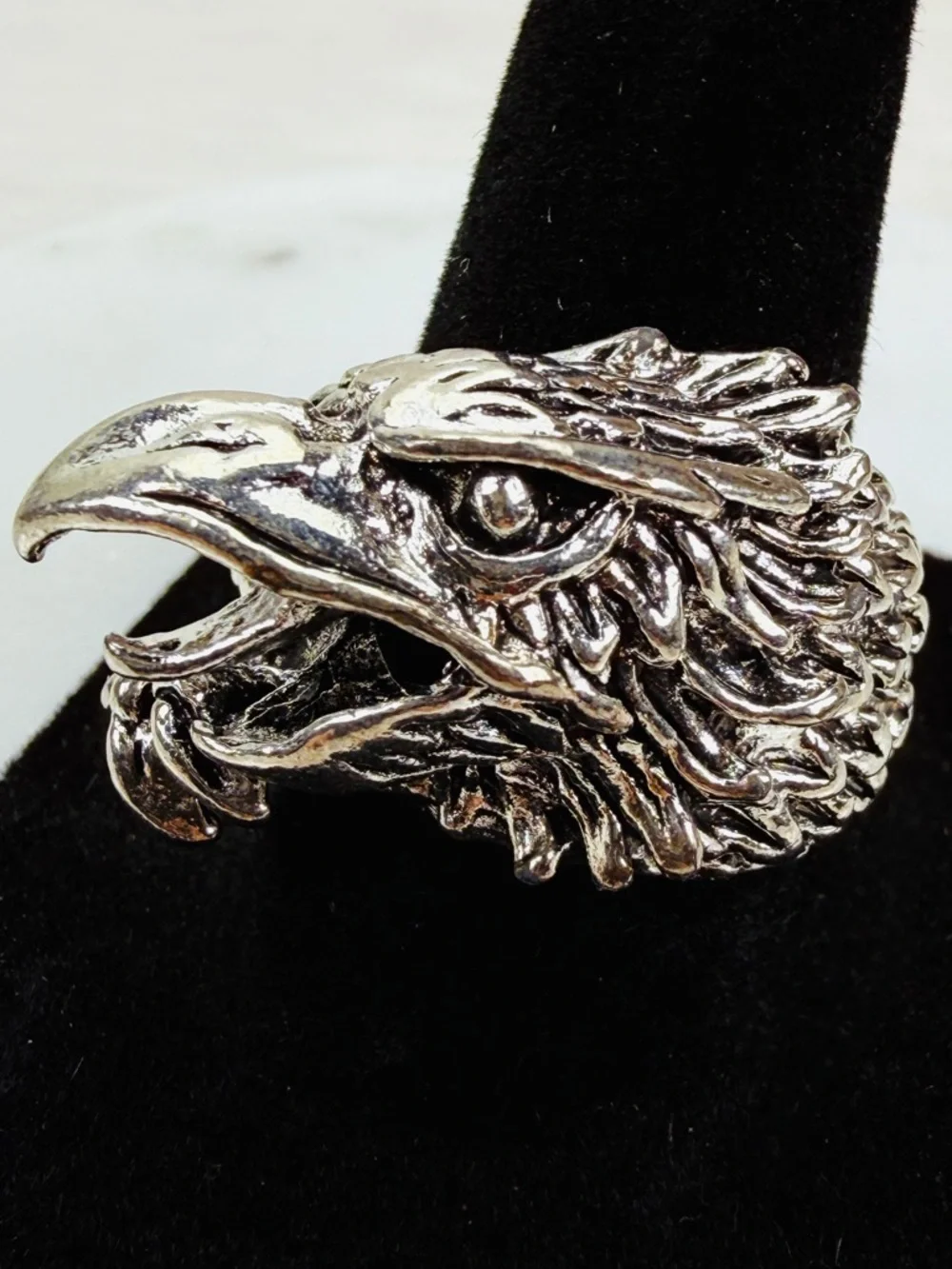 Interesting Silvertone raised eagle or dragon costume ring
